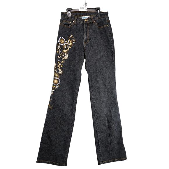Denim 24/7 Gold Embellished Jeans Women's 12T 27x32" Black Stretch Straight Wide - Picture 1 of 10